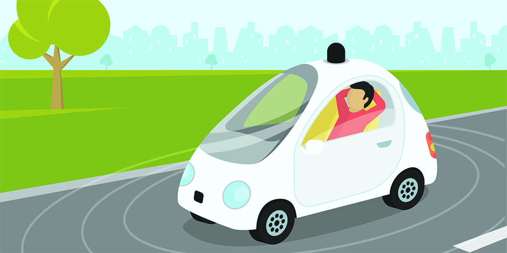 Cartoon man with hands behind his head as autonomous car drives itself
