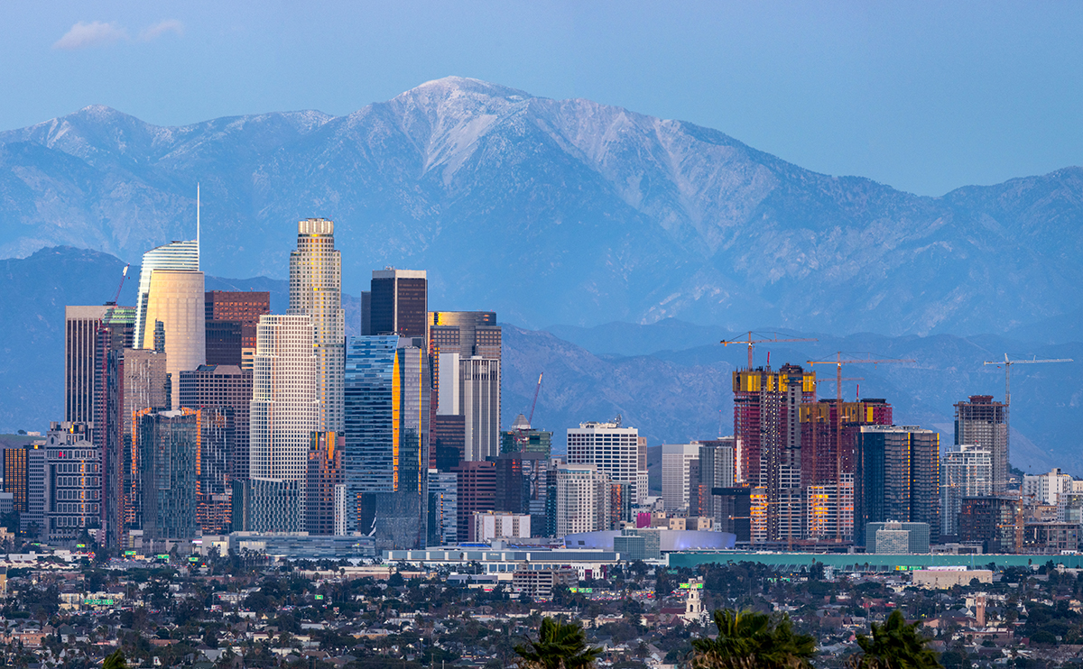Los Angeles Skyline with massive mountains directly behind