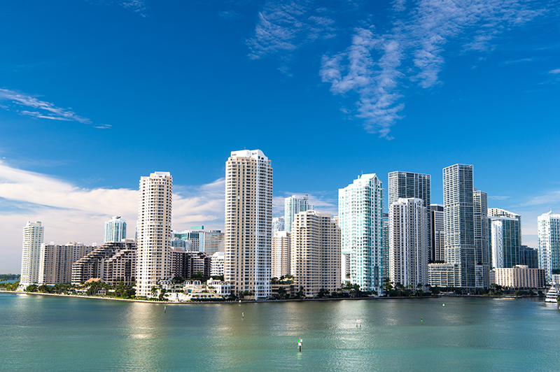 Miami skyline on clear day from the water