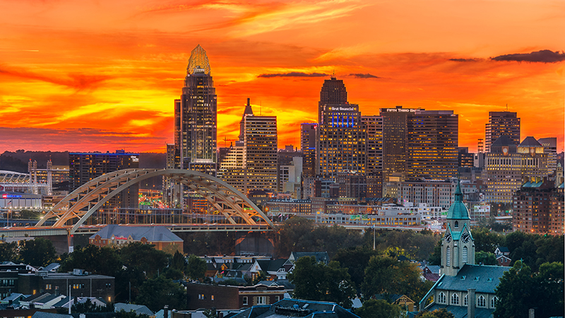 Cincinnati skyline at sunset