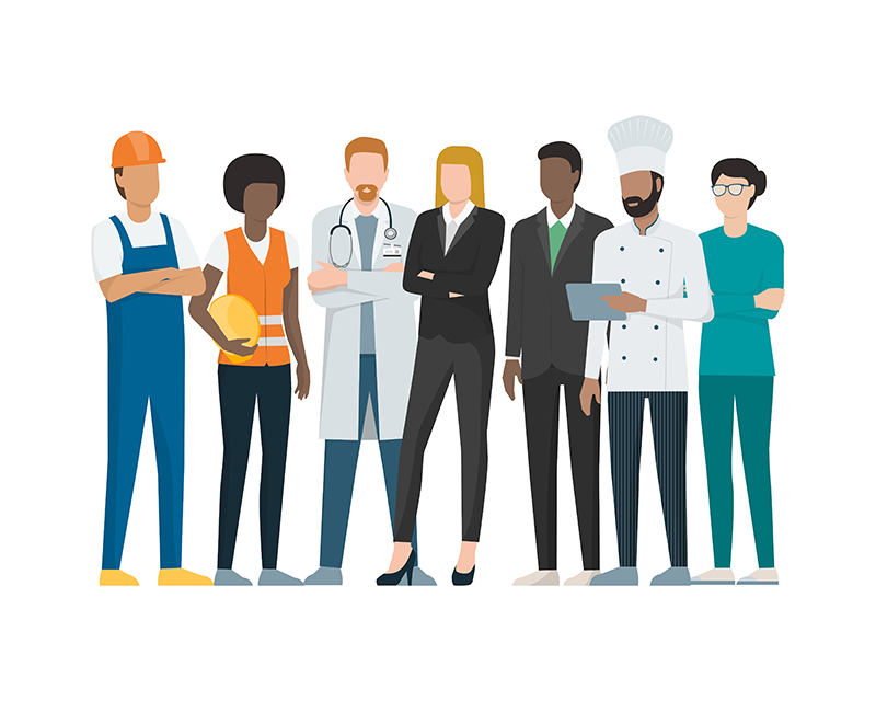 Cartoon construction workers, doctor, business people, chef, and nurse standing together