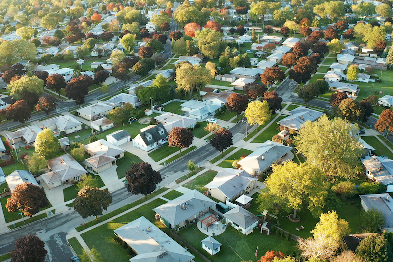 Aerial view of a suburban neighborhood chock full of renters
