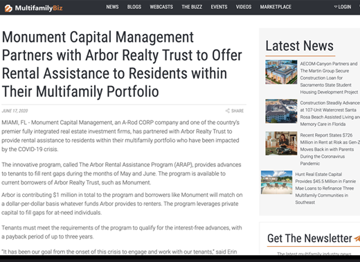 Arbor Realty Trust to Offer Rental Assistance