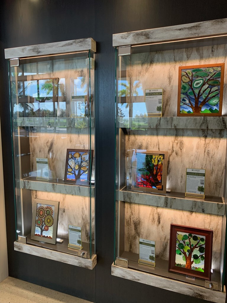 A stained glass artwork display.