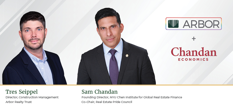 Headshots of Tres Seippel and Dr. Sam Chandan with the Arbor Realty Trust and Chandan Economics logos introducing a discussion on why LGBTQIA+ visibility in CRE is important.